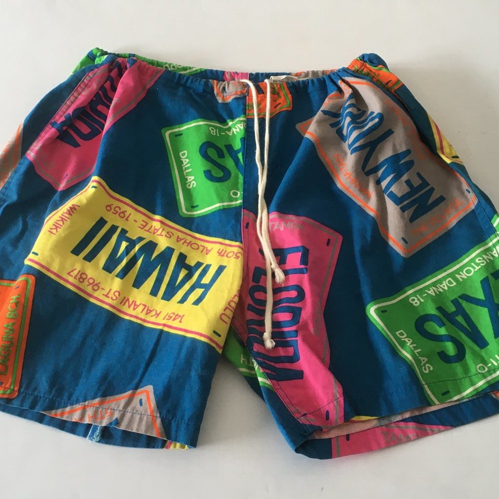 Vintage surf line original jams neon license plate pattern drawstring waist